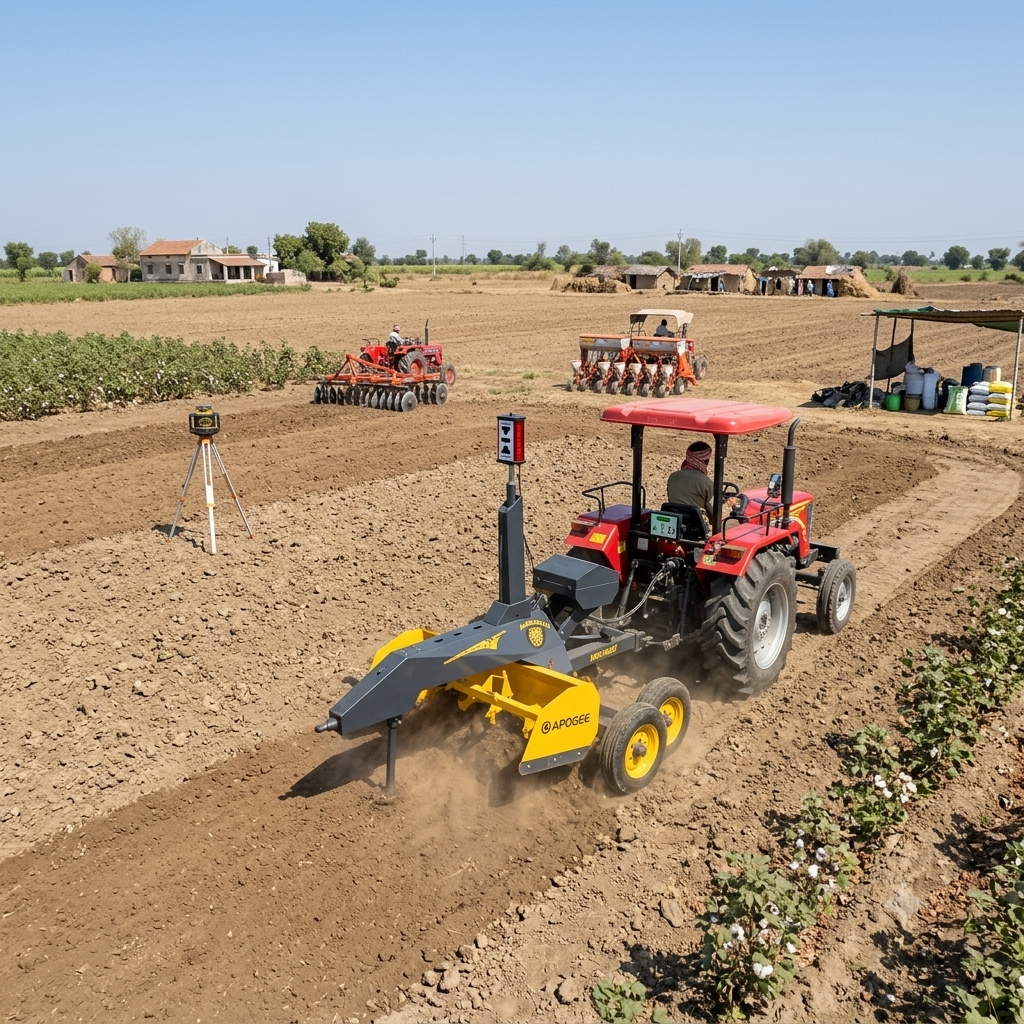 Apogee laser land leveller working across a tilled field