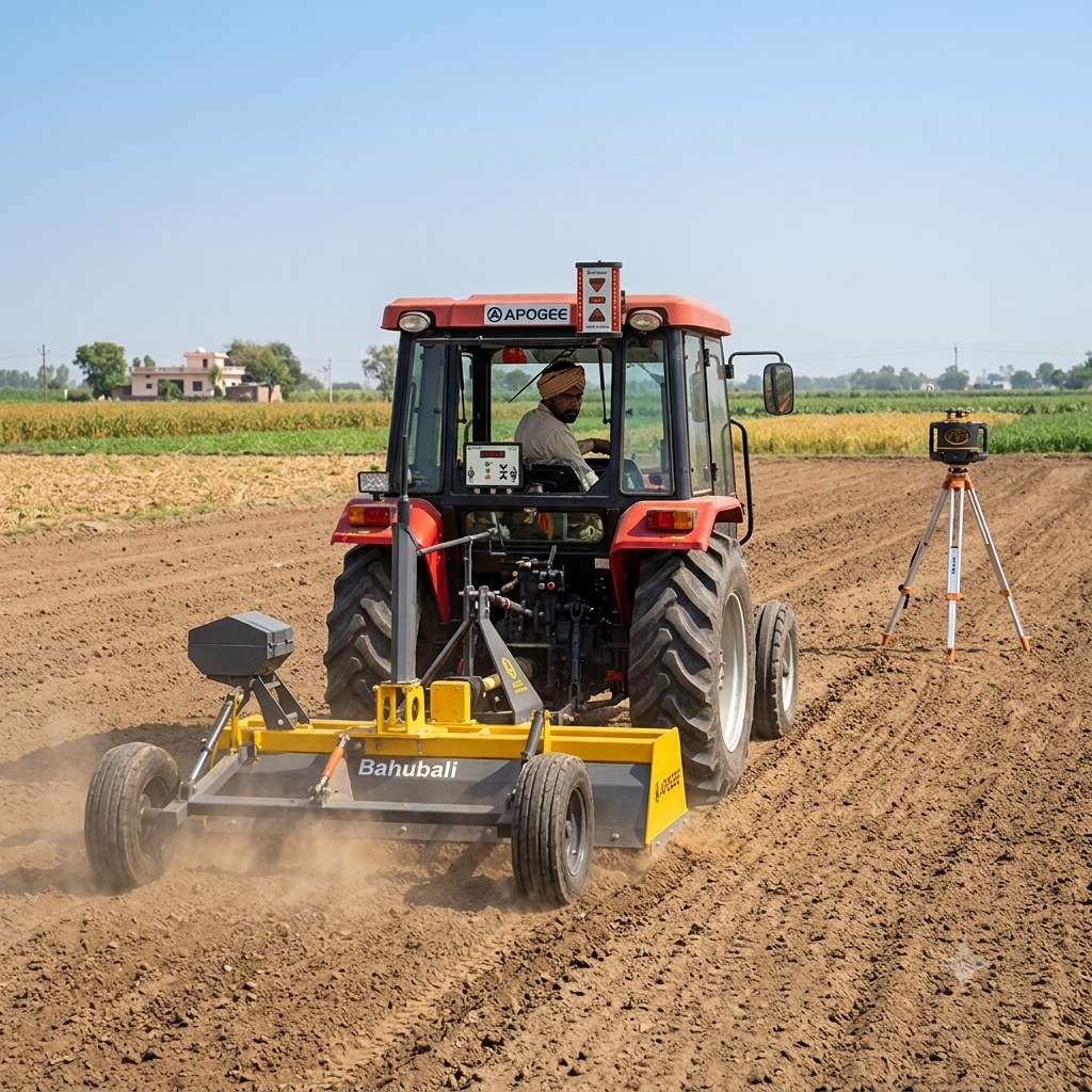 Apogee Bahubali land leveller with laser transmitter in operation
