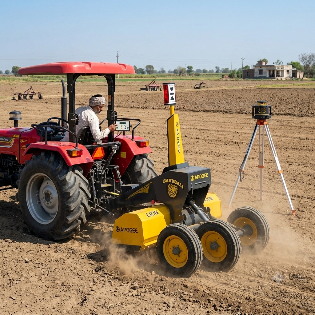 Apogee laser land leveller working with tractor and laser transmitter